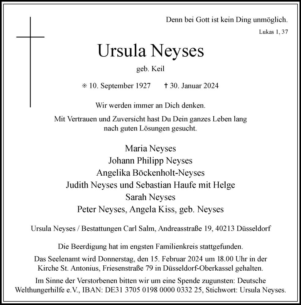  Traueranzeige für Ursula Neyses vom 10.02.2024 aus Rheinische Post