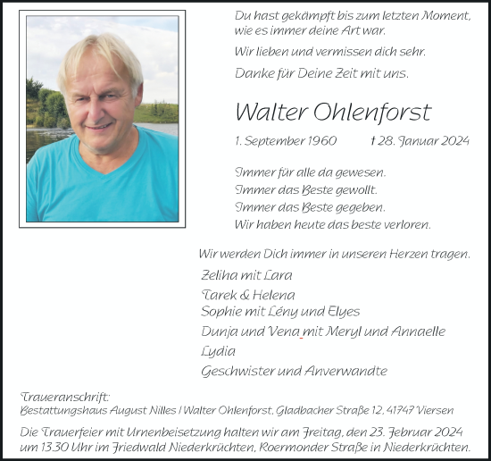 Traueranzeige von Walter Ohlenforst von Rheinische Post
