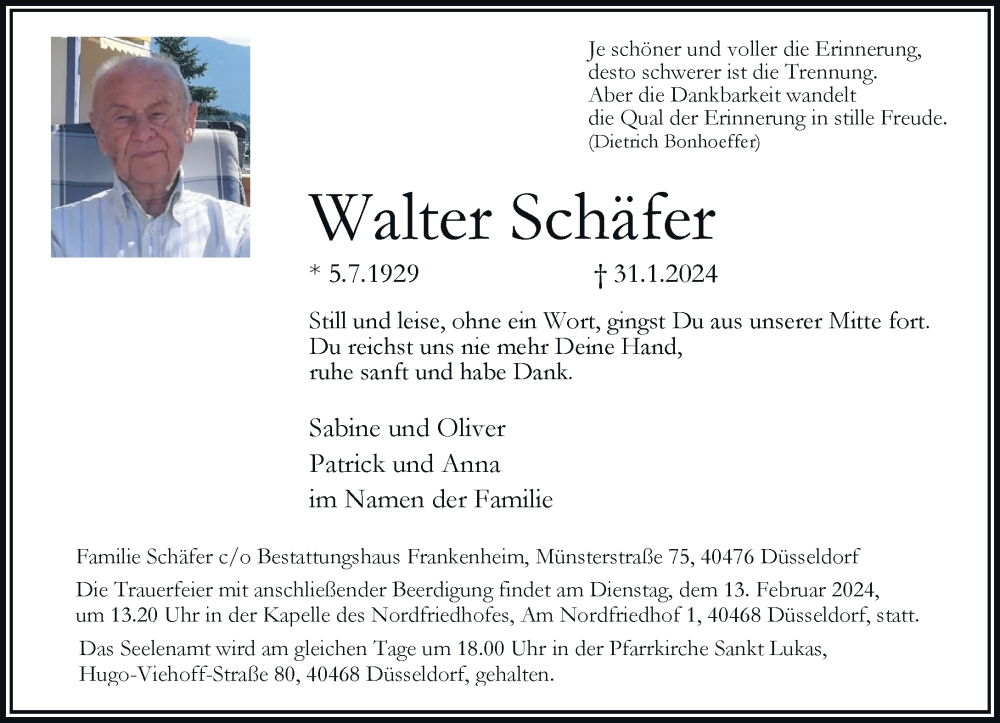  Traueranzeige für Walter Schäfer vom 07.02.2024 aus Rheinische Post