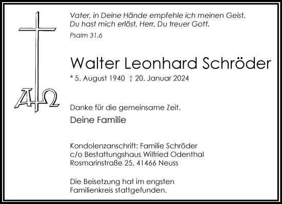 Traueranzeige von Walter Leonhard Schröder von Rheinische Post
