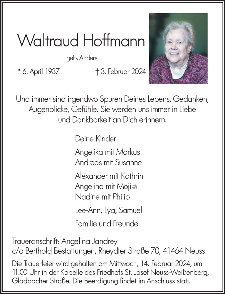  Traueranzeige für Waltraud Hoffmann vom 10.02.2024 aus Rheinische Post