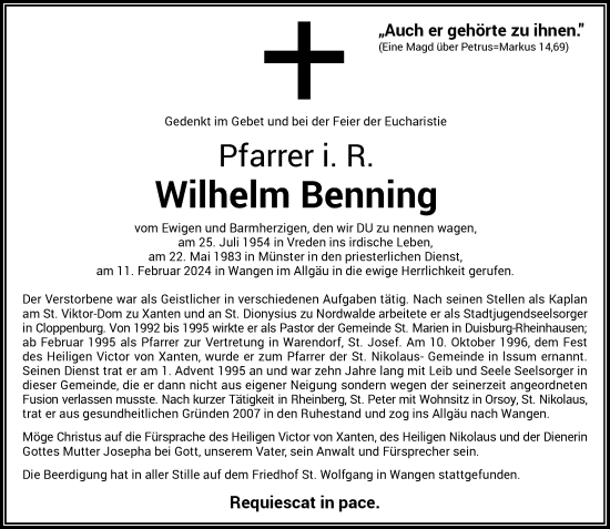 Traueranzeige von Wilhelm Benning von Rheinische Post