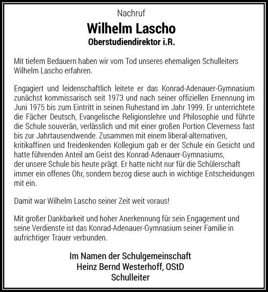Traueranzeige von Wilhelm Lascho von Rheinische Post