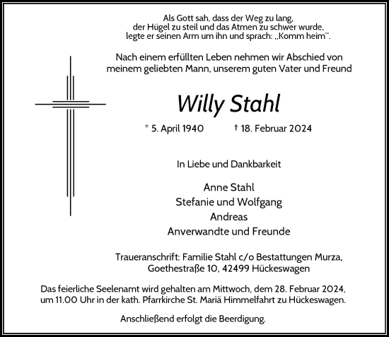 Traueranzeige von Willy Stahl von Rheinische Post
