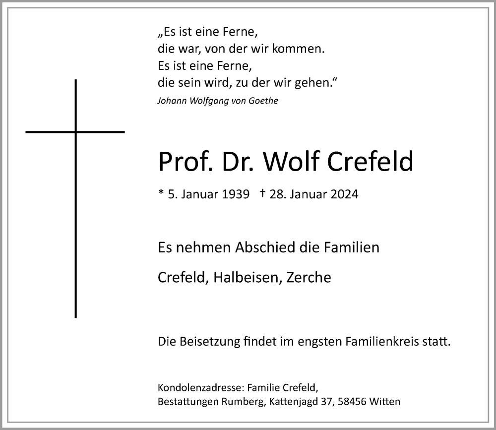  Traueranzeige für Wolf Crefeld vom 10.02.2024 aus Rheinische Post