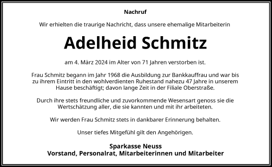 Traueranzeige von Adelheid Schmitz von Rheinische Post