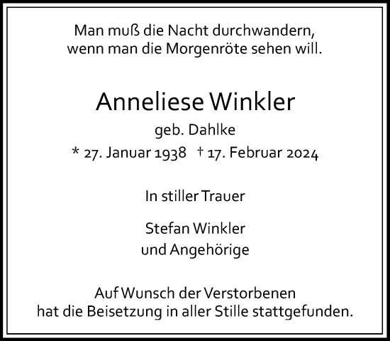 Traueranzeige von Anneliese Winkler von Rheinische Post