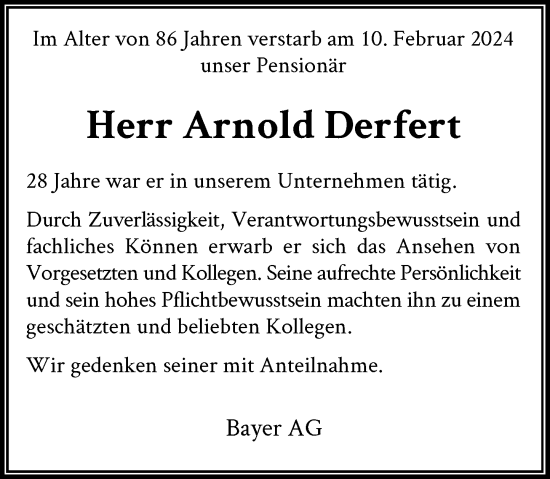 Traueranzeige von Arnold Derfert von Rheinische Post
