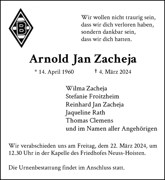 Traueranzeige von Arnold  Zacheja von Rheinische Post