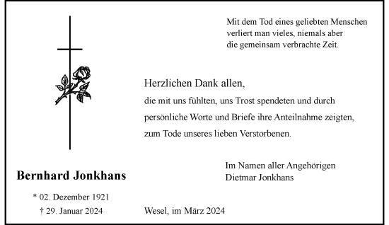 Traueranzeige von Bernhard Jonkhans von Rheinische Post