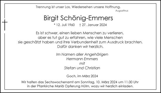 Traueranzeige von Birgit Schönig-Emmers von Rheinische Post