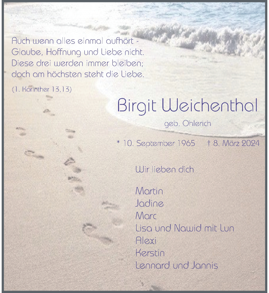  Traueranzeige für Birgit Weichenthal vom 16.03.2024 aus Rheinische Post
