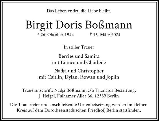 Traueranzeige von Birgit Doris Boßmann von Rheinische Post