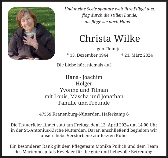 Traueranzeige von Christa Wilke von Rheinische Post