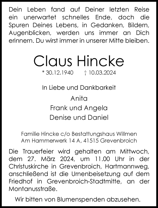 Traueranzeige von Claus Hincke von Rheinische Post