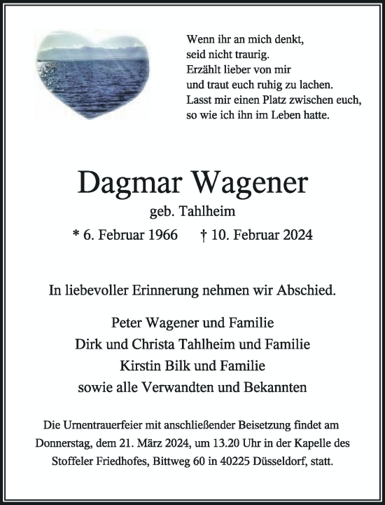 Traueranzeige von Dagmar Wagener von Rheinische Post