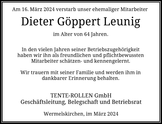 Traueranzeige von Dieter Göppert Leunig von Rheinische Post