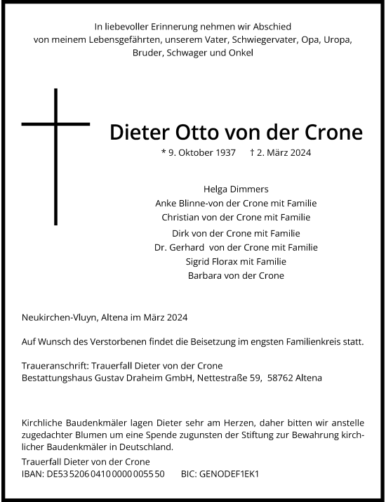 Traueranzeige von Dieter Otto  von der Crone von Rheinische Post