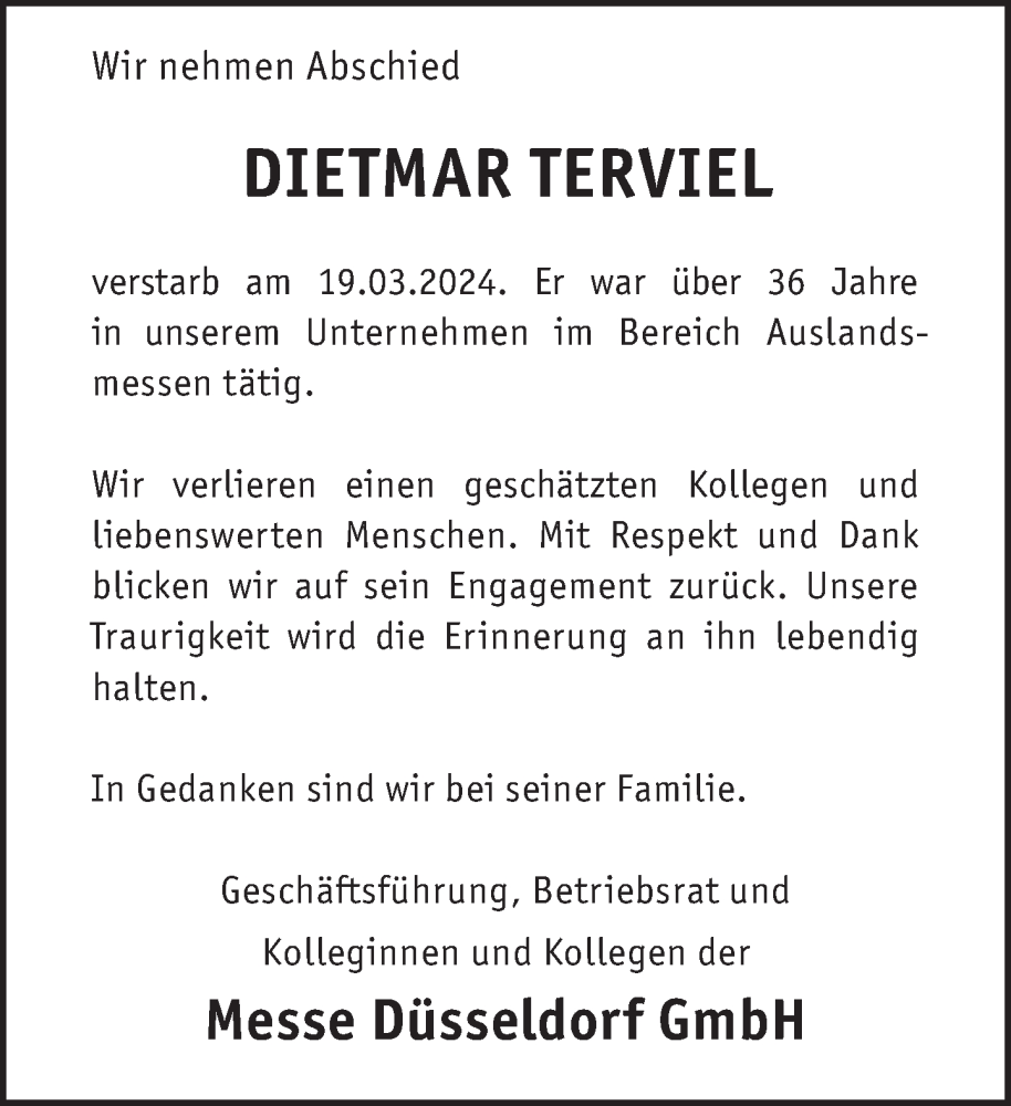  Traueranzeige für Dietmar Terviel vom 27.03.2024 aus Rheinische Post