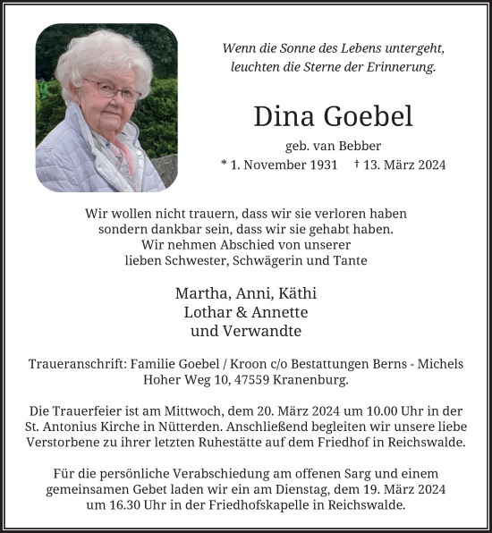 Traueranzeige von Dina Goebel von Rheinische Post
