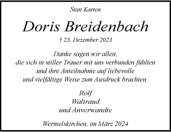 Traueranzeige von Doris Breidenbach von Rheinische Post