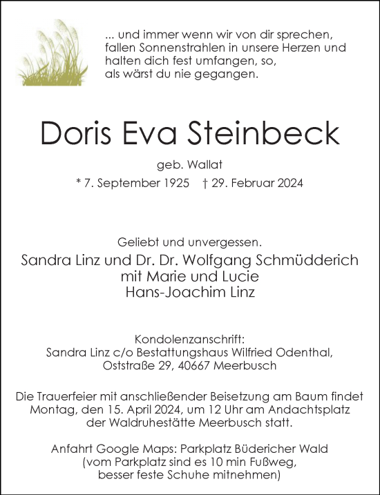 Traueranzeige von Doris Eva Steinbeck von Rheinische Post
