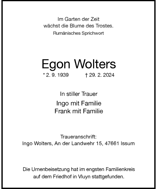 Traueranzeige von Egon Wolters von Rheinische Post