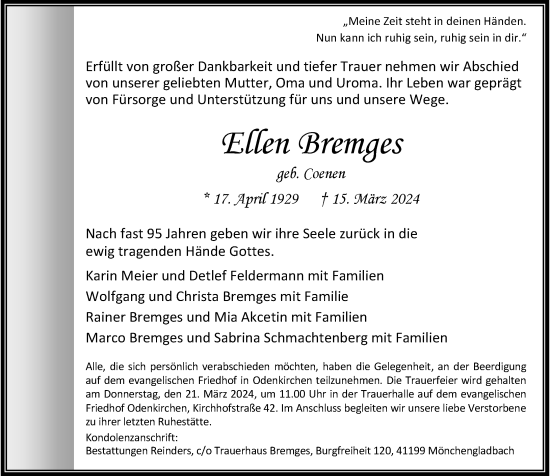 Traueranzeige von Ellen Bremges von Rheinische Post