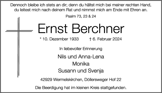 Traueranzeige von Ernst Berchner von Rheinische Post