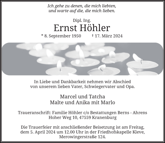 Traueranzeige von Ernst Höhler von Rheinische Post