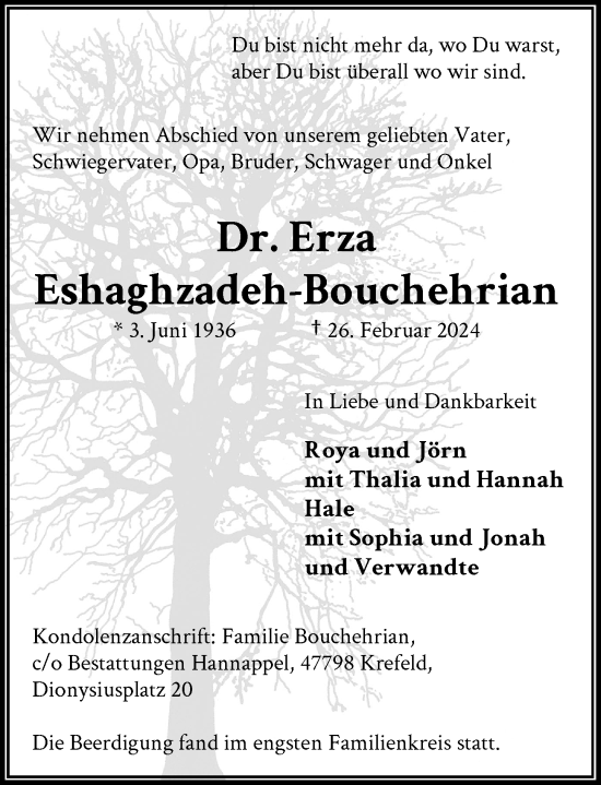 Traueranzeige von Erza Eshaghzadeh-Bouchehrian von Rheinische Post