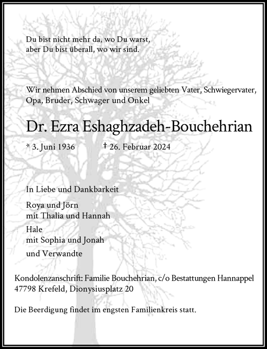 Traueranzeige von Ezra Eshaghzadeh-Bouchehrian von Rheinische Post