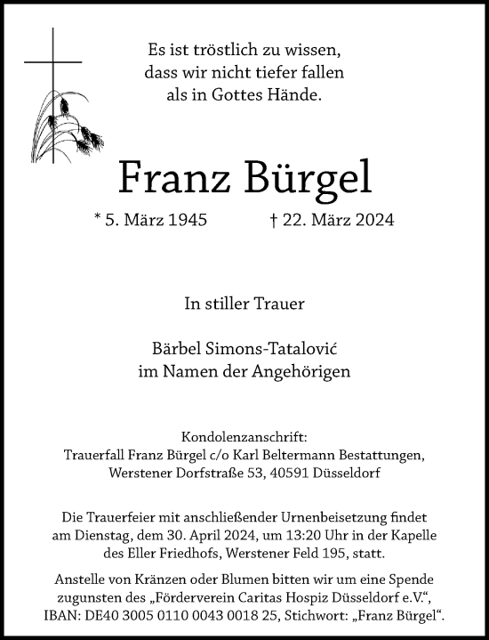Traueranzeige von Franz Bürgel von Rheinische Post