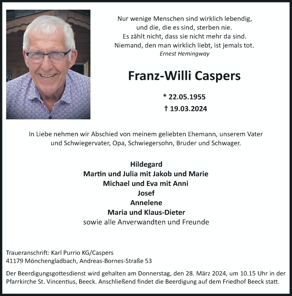  Traueranzeige für Franz-Willi Caspers vom 23.03.2024 aus Rheinische Post