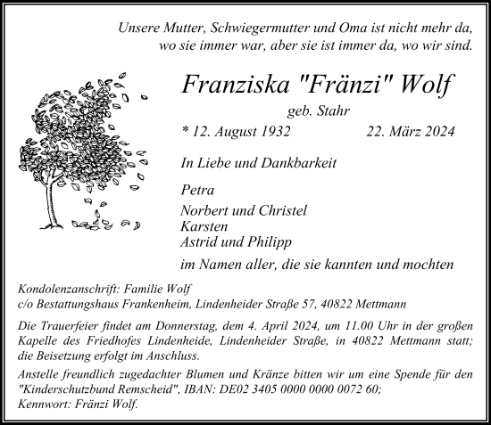 Traueranzeige von Franziska Wolf von Rheinische Post