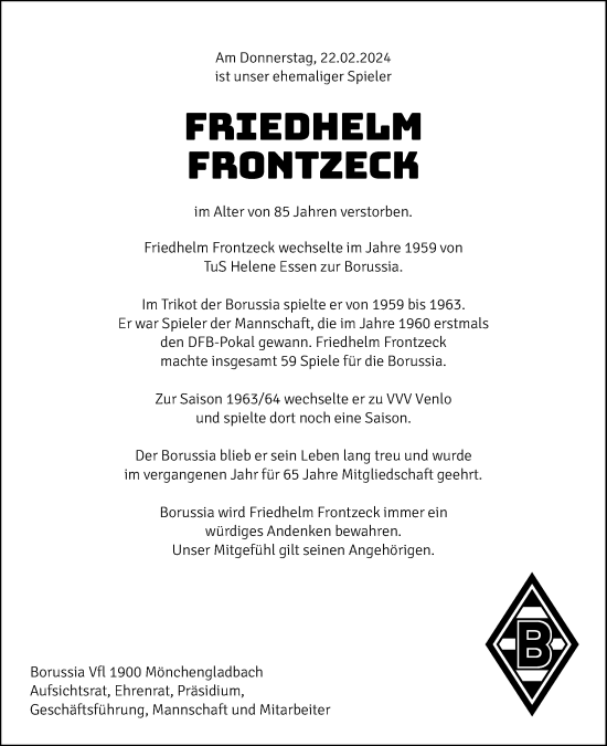 Traueranzeige von Friedhelm Frontzeck von Rheinische Post
