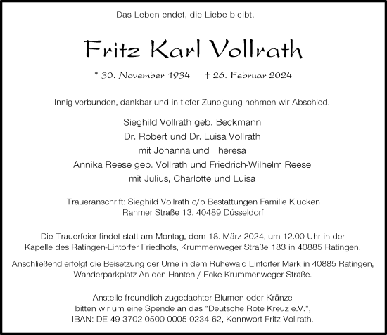 Traueranzeige von Fritz Karl Vollrath von Rheinische Post