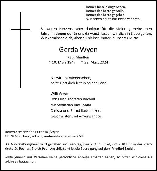 Traueranzeige von Gerda Wyen von Rheinische Post