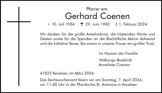 Traueranzeige von Gerhard Coenen von Rheinische Post