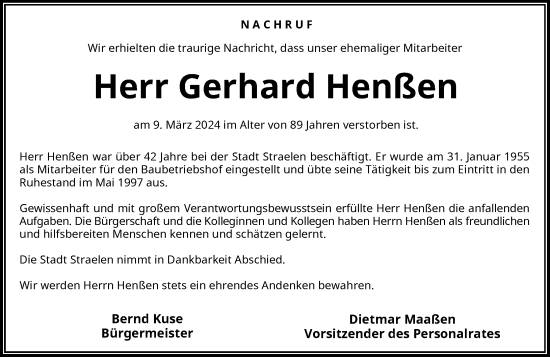 Traueranzeige von Gerhard Henßen von Rheinische Post