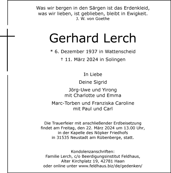 Traueranzeige von Gerhard Lerch von Rheinische Post