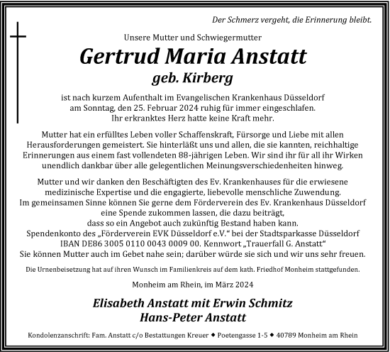 Traueranzeige von Gertrud Maria Anstatt von Rheinische Post