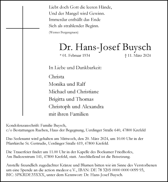 Traueranzeige von Hans-Josef Buysch von Rheinische Post