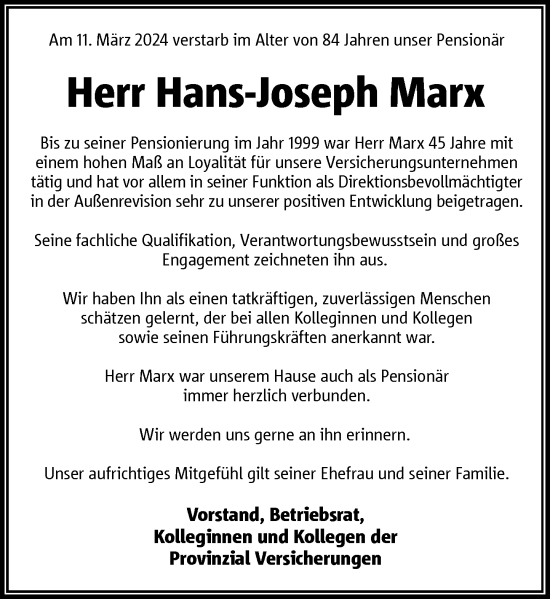 Traueranzeige von Hans-Joseph Marx von Rheinische Post