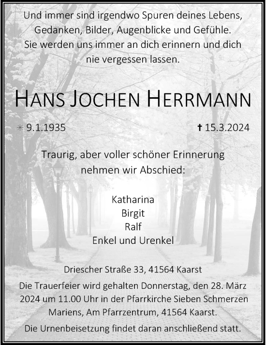 Traueranzeige von Hans Jochen Herrmann von Rheinische Post
