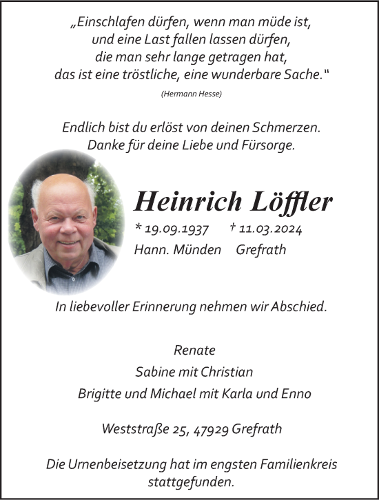 Traueranzeige von Heinrich Löffler von Rheinische Post