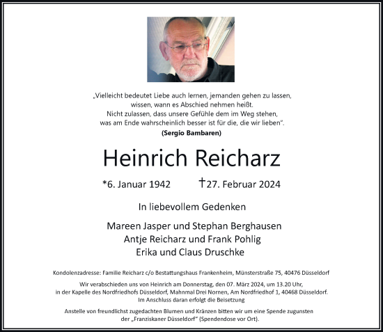 Traueranzeige von Heinrich Reicharz von Rheinische Post
