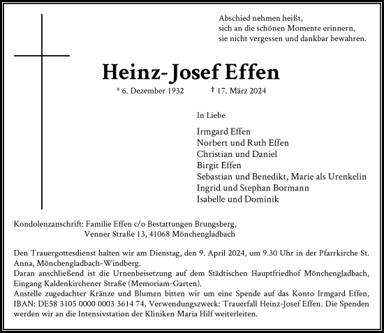 Traueranzeige von Heinz- Josef Effen von Rheinische Post