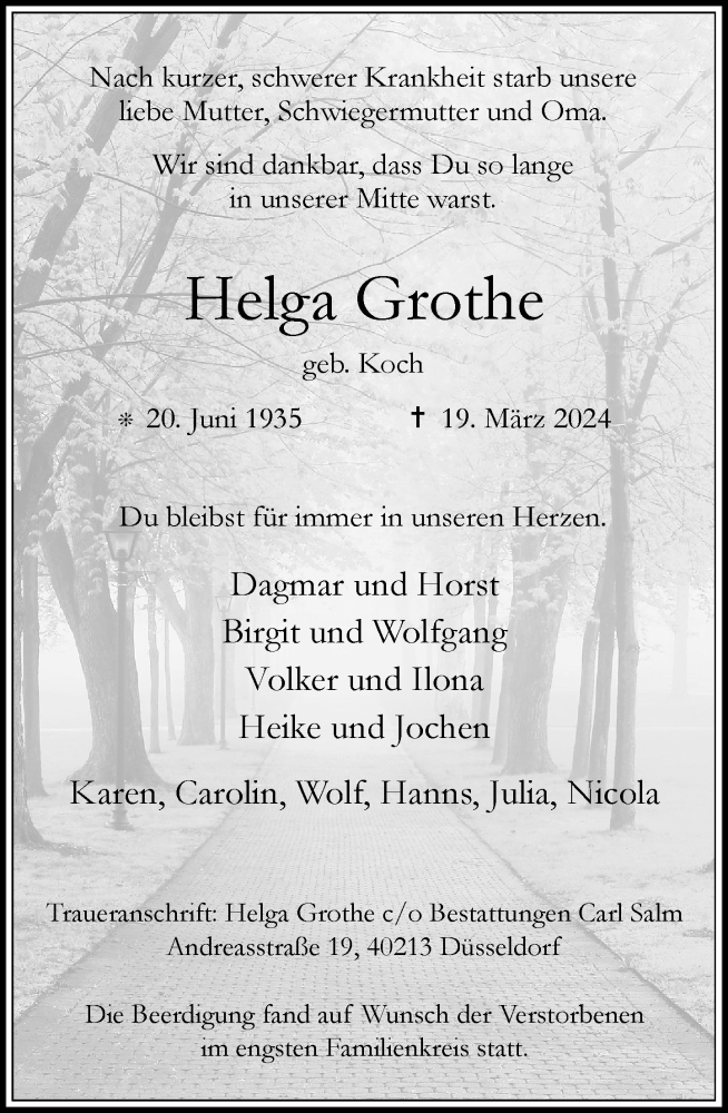 Traueranzeige für Helga Grothe vom 30.03.2024 aus Rheinische Post
