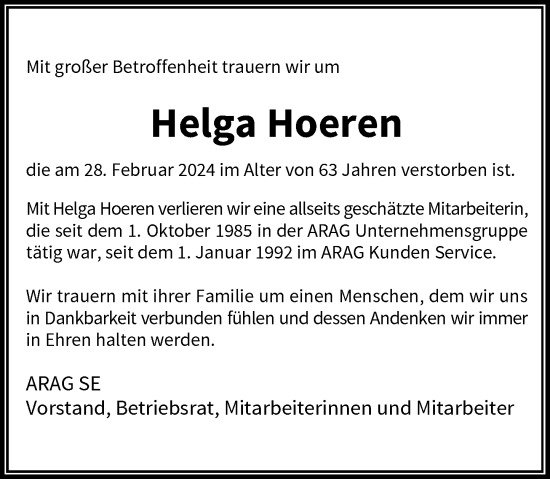 Traueranzeige von Helga Hoeren von Rheinische Post